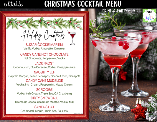 Christmas Cocktail Menu Printable | Editable Canva Holiday Bar Sign for Parties