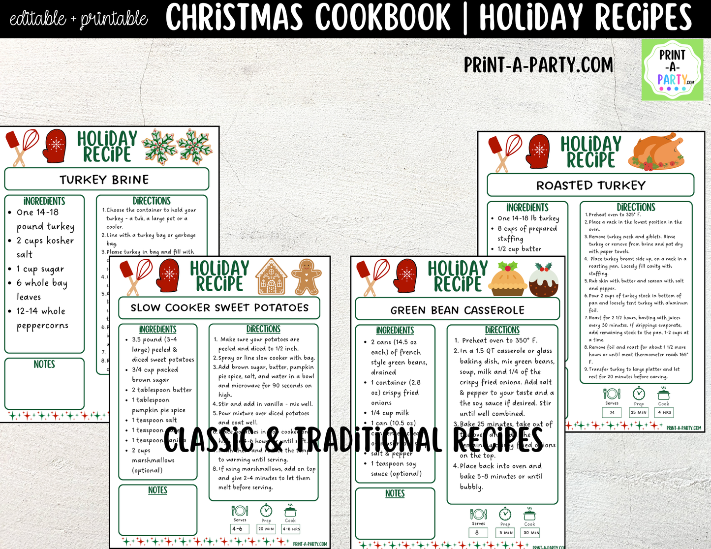 Christmas Cookbook Printable Editable | Holiday Recipe Binder & Recipe Cards Template