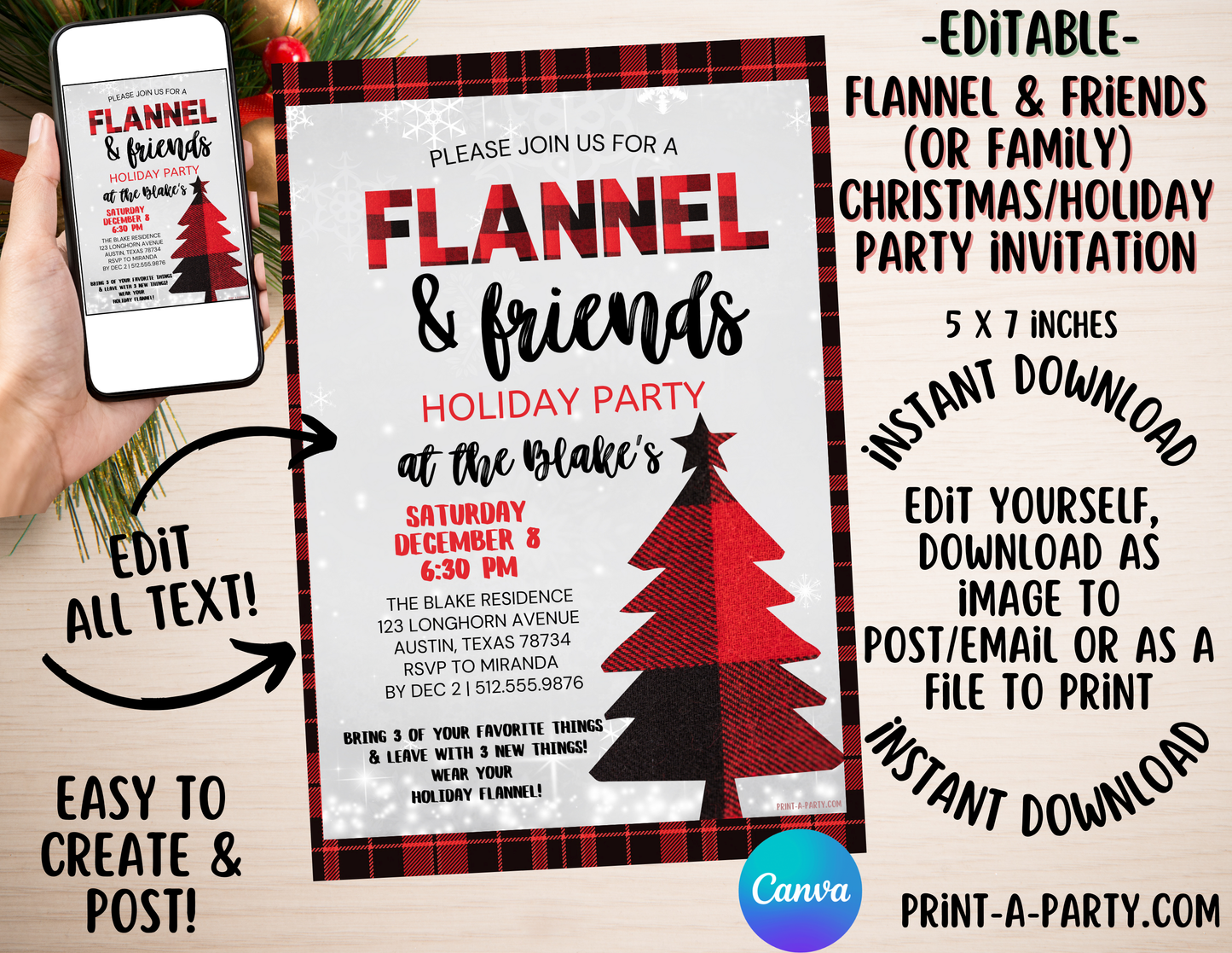 FLANNEL & FRIENDS or FAMILY HOLIDAY PARTY INVITATION - Editable Flannel-Themed Holiday & Christmas Invitation for Easy Digital or Print Sharing