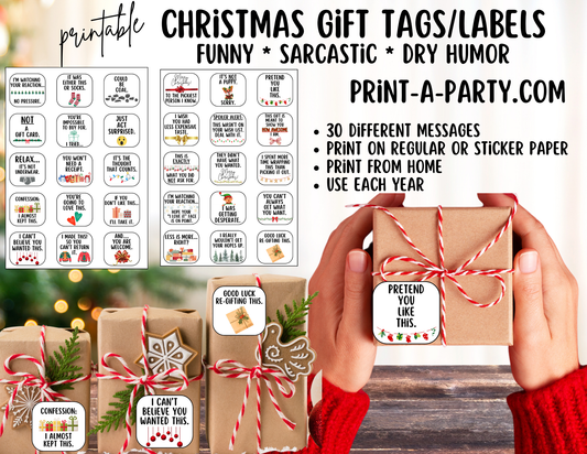 CHRISTMAS Funny & Sarcastic Gift Tags Printable - 30 Sarcastic Holiday Gift Tags PDF, Hilarious Last-minute gift wrapping stickers