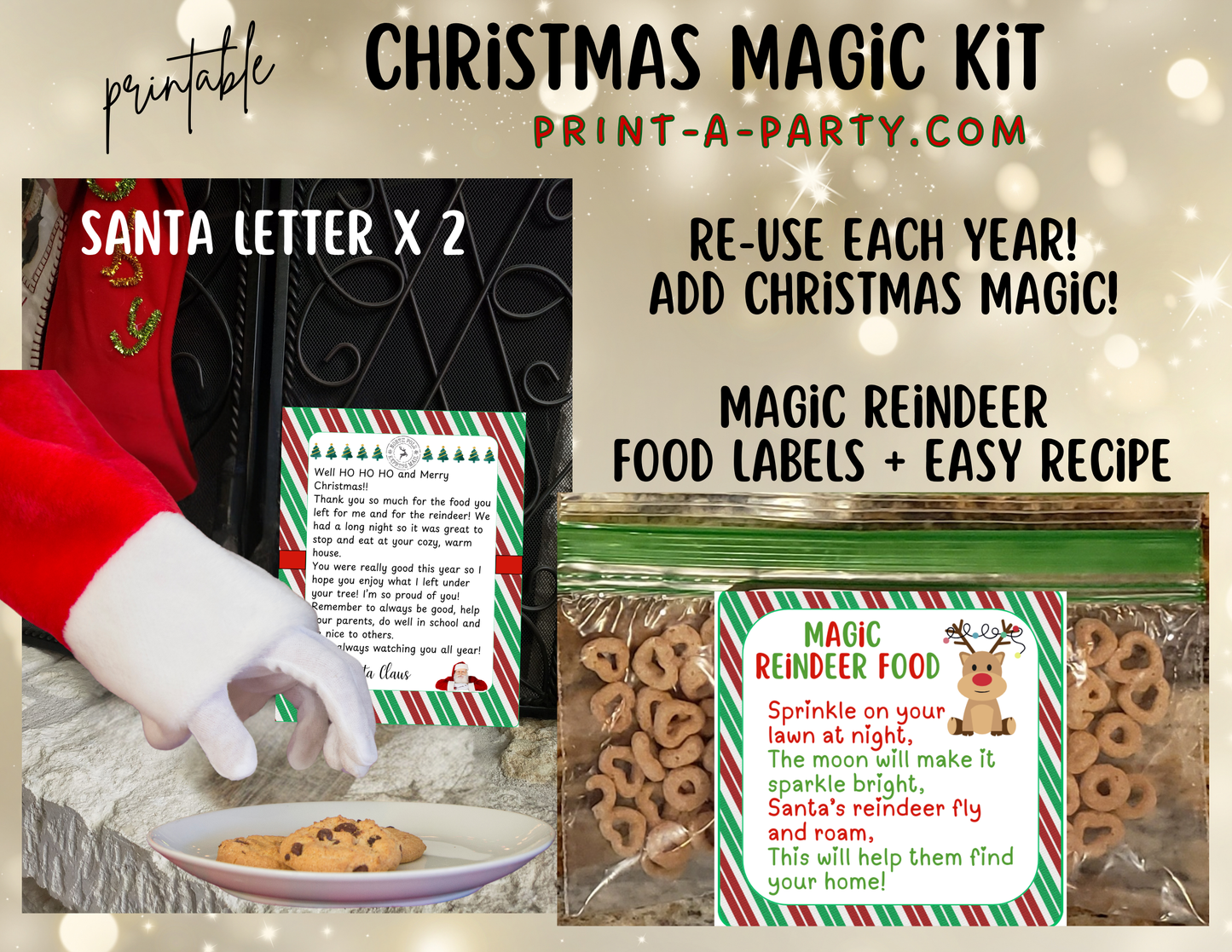CHRISTMAS MAGIC KIT | Santa Letters (2) | Magic Reindeer Food Recipe and Labels | Wish List | Ignite Christmas Magic!
