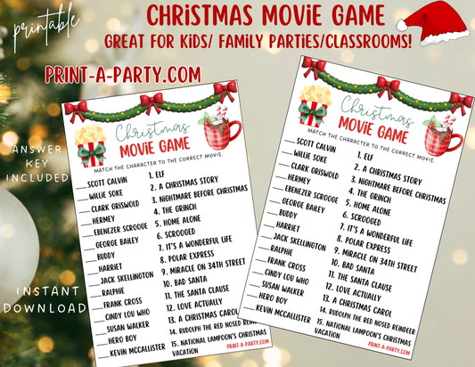 CHRISTMAS MOVIE GAME - Printable Christmas Movie Matching Game | Holiday Party Game for Families, Kids & Adults