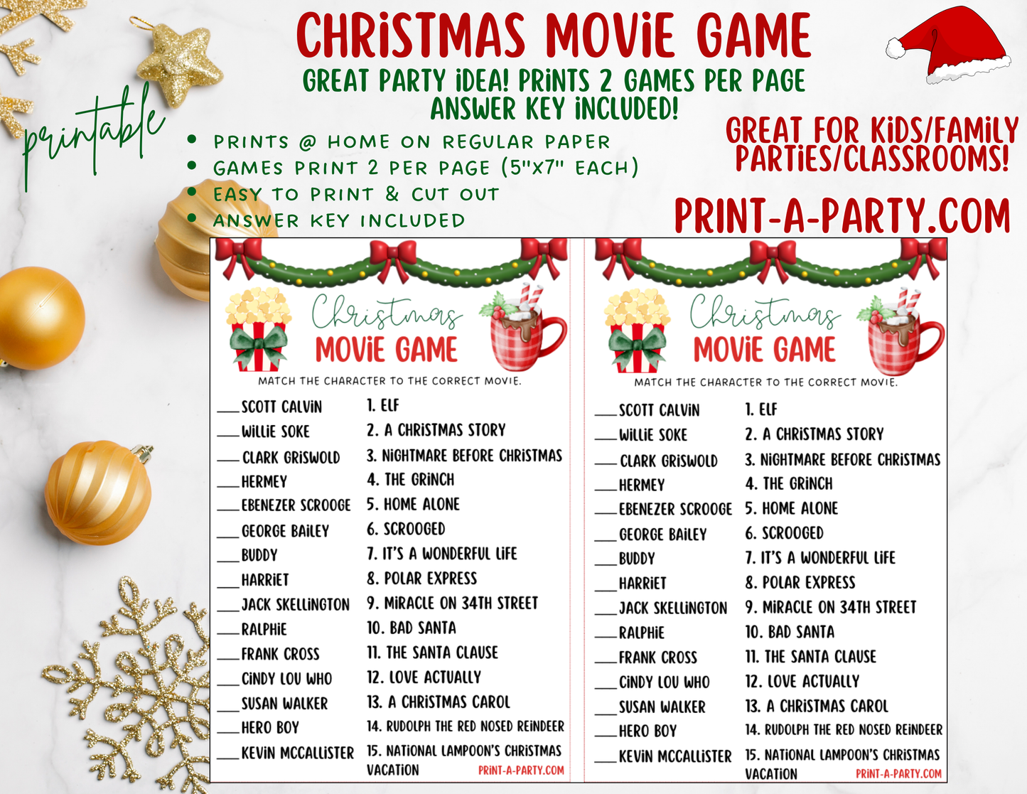 CHRISTMAS MOVIE GAME - Printable Christmas Movie Matching Game | Holiday Party Game for Families, Kids & Adults