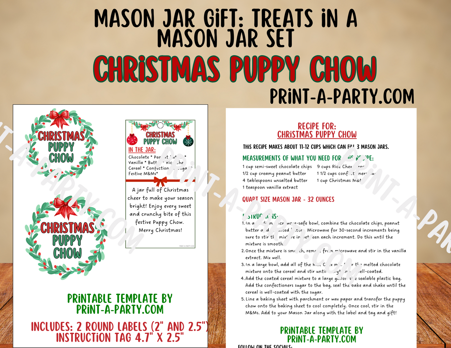 MASON JAR GIFT: Christmas Puppy Chow in a Mason Jar Printable Kit - Muddy Buddies DIY Holiday Gift for Teachers, Neighbors, Coworkers and more!