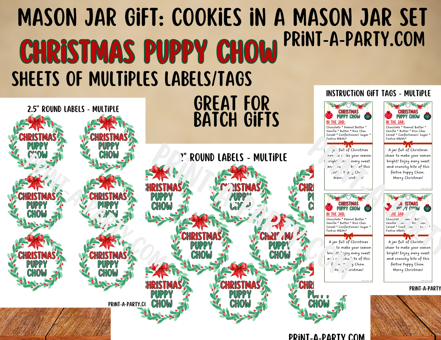 MASON JAR GIFT: Christmas Puppy Chow in a Mason Jar Printable Kit - Muddy Buddies DIY Holiday Gift for Teachers, Neighbors, Coworkers and more!