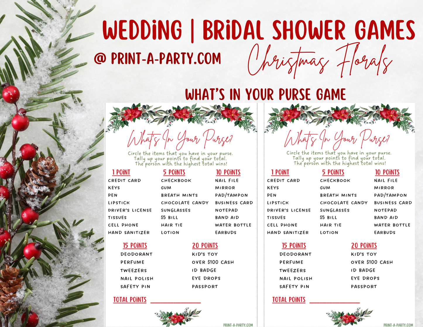 Bridal Shower: Printable CHRISTMAS themed Bridal Shower Game Bundle - Holiday Wedding Florals – Instant PDF Download