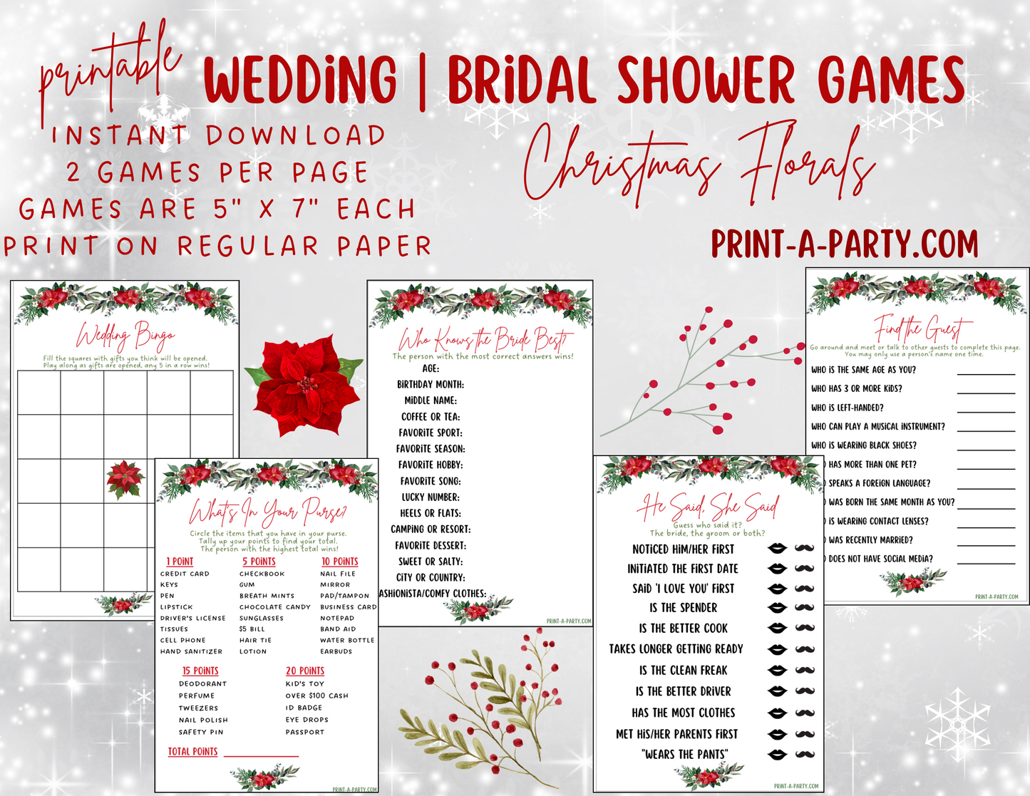 Bridal Shower: Printable CHRISTMAS themed Bridal Shower Game Bundle - Holiday Wedding Florals – Instant PDF Download