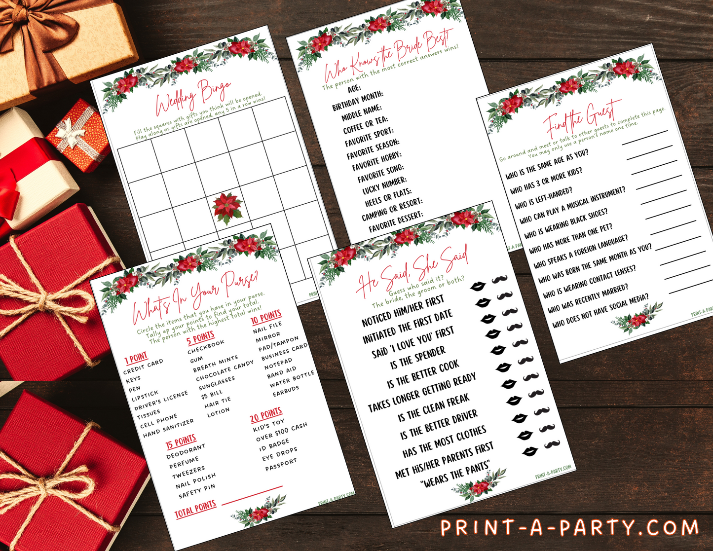 Bridal Shower: Printable CHRISTMAS themed Bridal Shower Game Bundle - Holiday Wedding Florals – Instant PDF Download