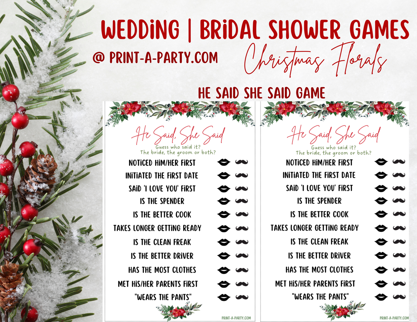 Bridal Shower: Printable CHRISTMAS themed Bridal Shower Game Bundle - Holiday Wedding Florals – Instant PDF Download