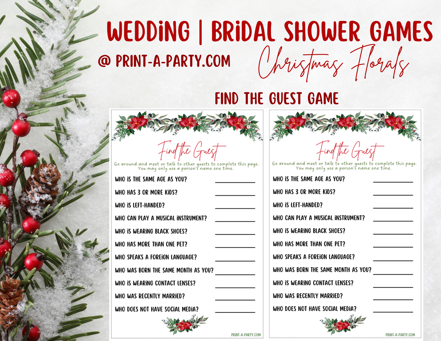 Bridal Shower: Printable CHRISTMAS themed Bridal Shower Game Bundle - Holiday Wedding Florals – Instant PDF Download
