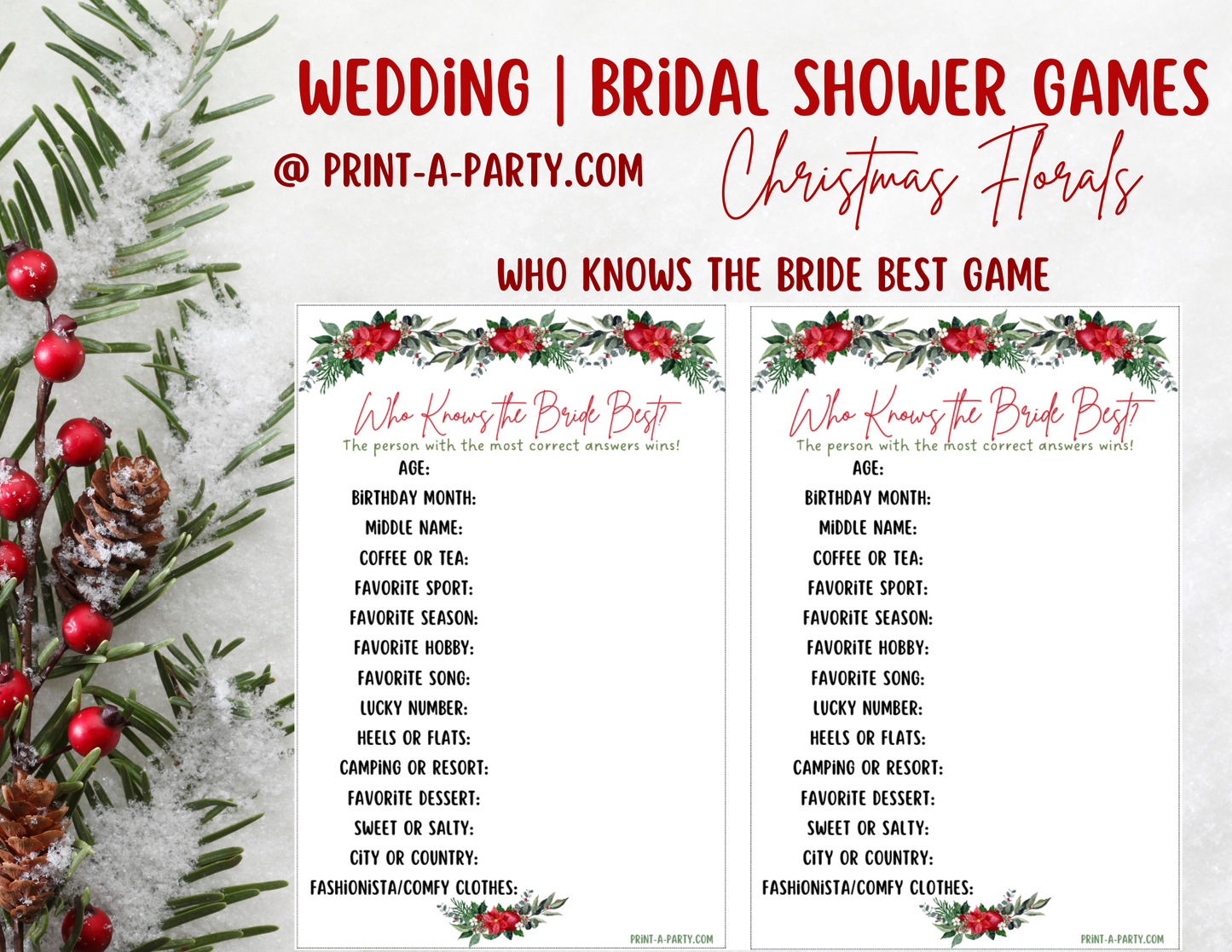 Bridal Shower: Printable CHRISTMAS themed Bridal Shower Game Bundle - Holiday Wedding Florals – Instant PDF Download