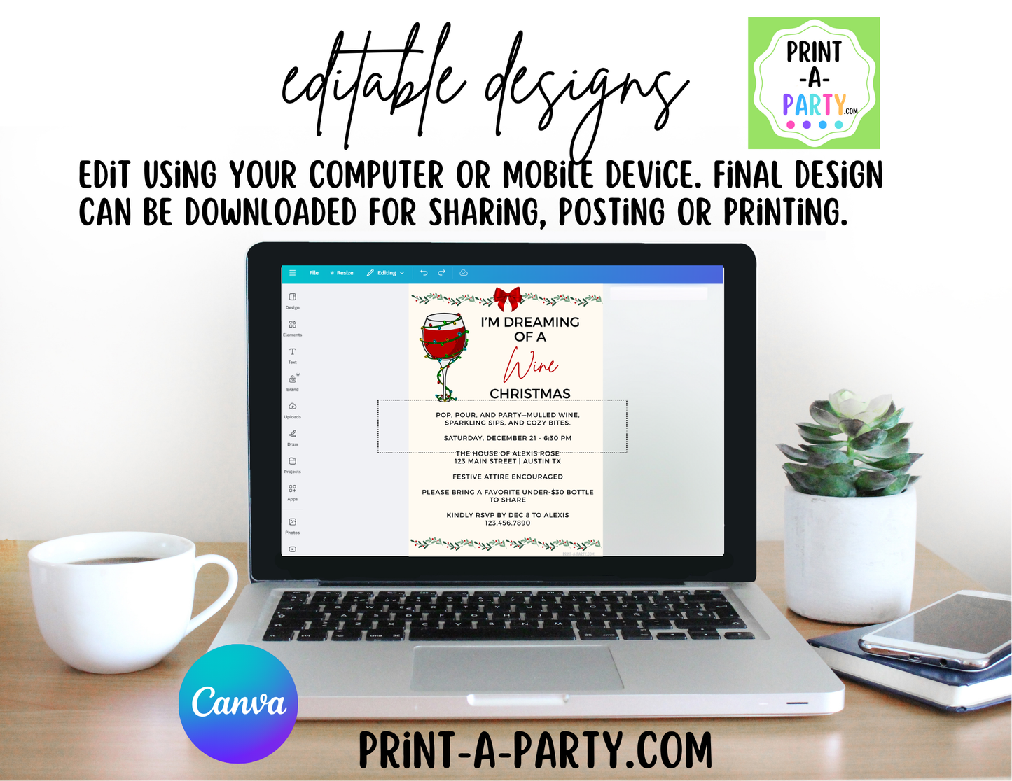 CHRISTMAS WINE PARTY Invite - Editable Christmas Wine Party Invitation Template – Holiday Girls Night, Work Party, or Friendsmas Invite