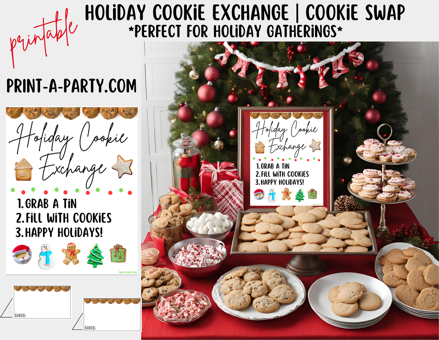 CHRISTMAS HOLIDAY COOKIE EXCHANGE | Holiday Cookie Swap - Sign & Tent Cards - Colorful Cookies | Holiday Party Idea