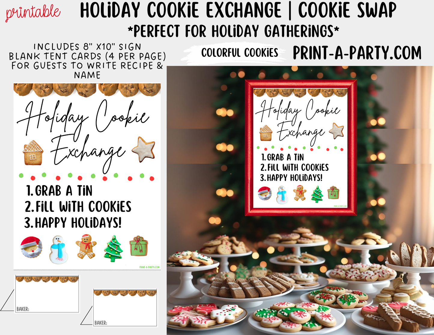 Christmas Holiday Cookie Exchange Printable Kit | 8x10 Cookie Swap Sign + Buffet Tent Cards | Christmas Party Decorations