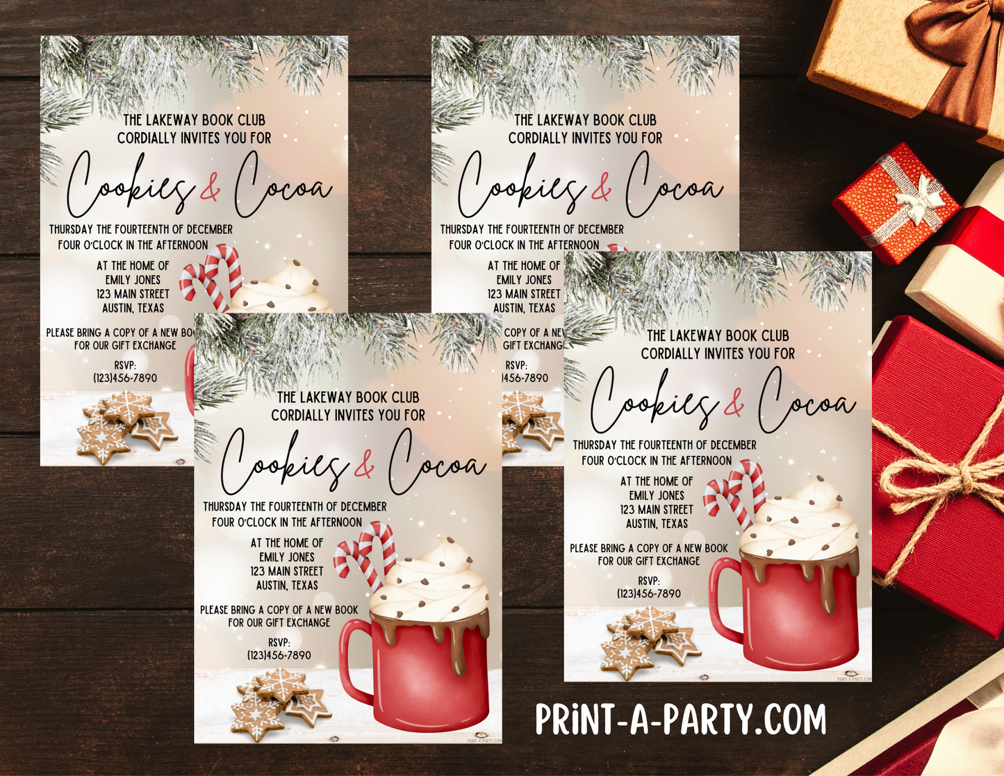 COOKIES & COCOA Editable Christmas Holiday Invite for Friends, Family & Groups, easy to post, share or print