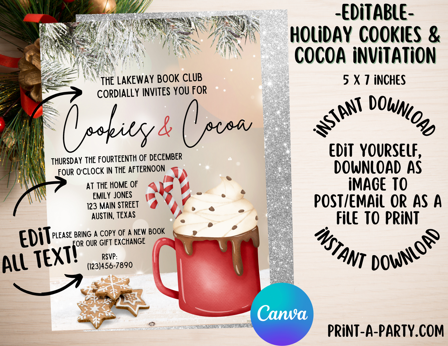 COOKIES & COCOA Editable Christmas Holiday Invite for Friends, Family & Groups, easy to post, share or print