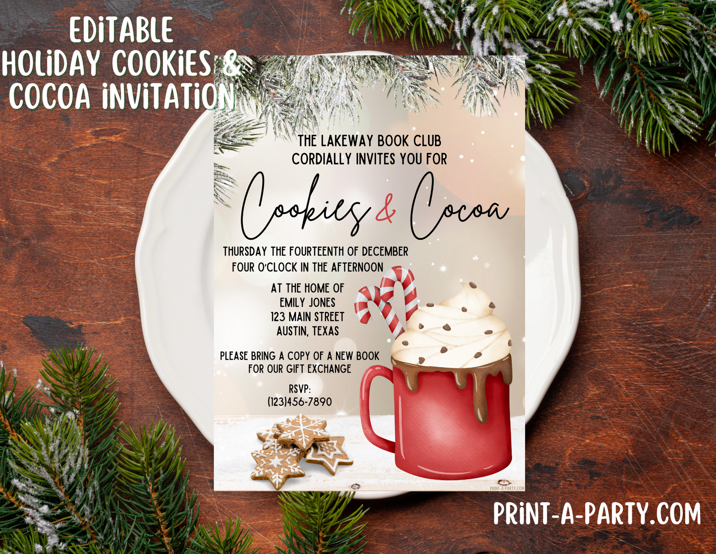 COOKIES & COCOA Editable Christmas Holiday Invite for Friends, Family & Groups, easy to post, share or print