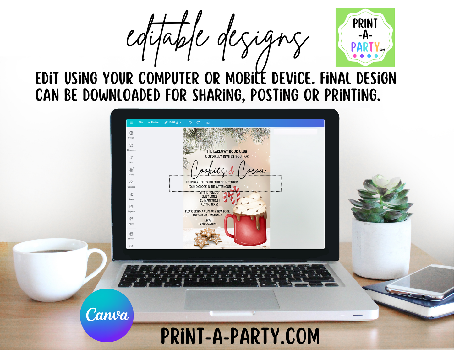 COOKIES & COCOA Editable Christmas Holiday Invite for Friends, Family & Groups, easy to post, share or print