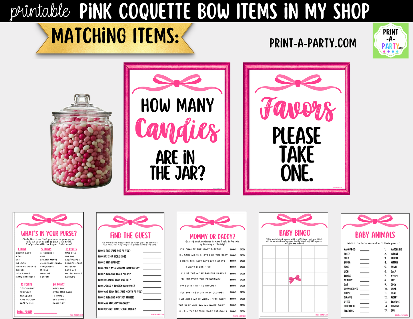 Pink Coquette Bow Favors Printable Sign (8x10) – For Parties, Showers and Events