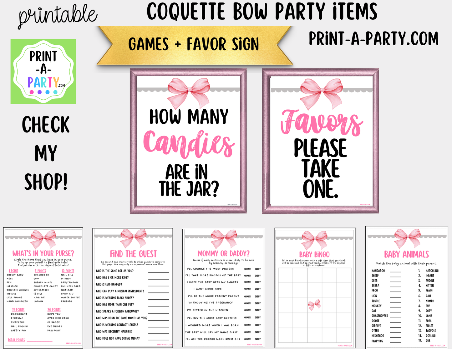 Pink Coquette Bow Candy Jar Game Printable Sign (8x10) & Guessing Cards for Parties and Bridal or Baby Showers