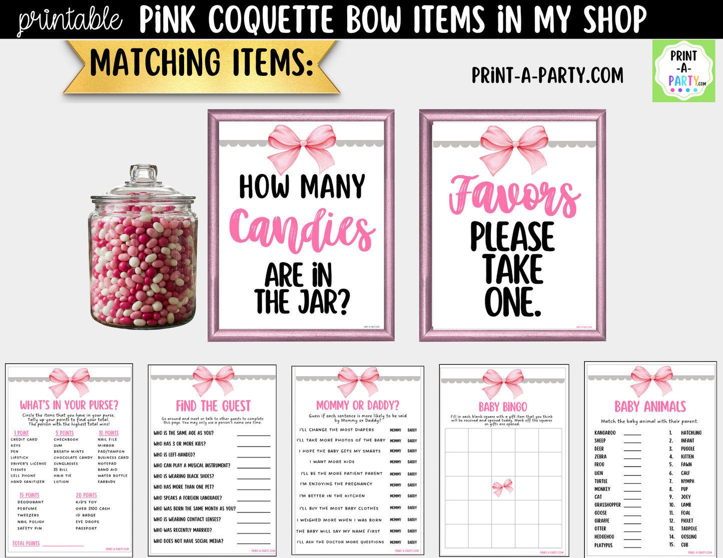 Pink Coquette Bow Favors Printable Sign (8x10) – For Parties, Showers and Events