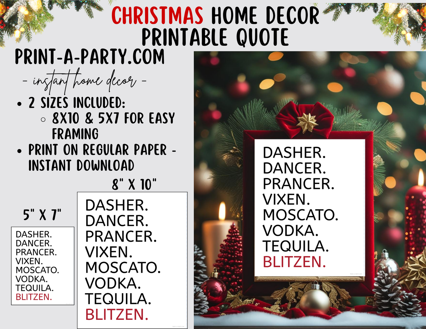 DASHER DANCER PRANCER VIXEN MOSCATO VODKA TEQUILA BLITZEN Printable Christmas Sign, Instant Holiday Decor 8x10 and 5x7