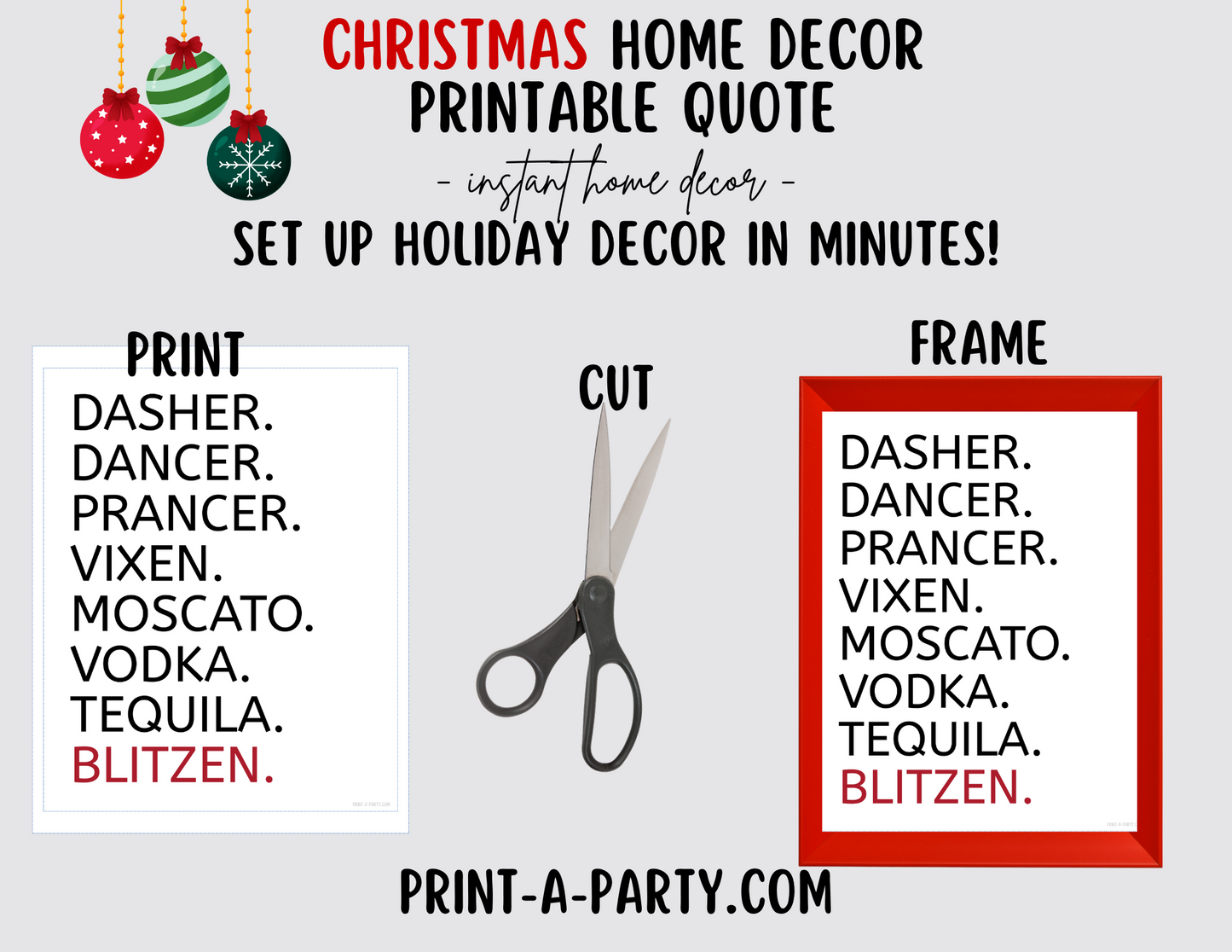 DASHER DANCER PRANCER VIXEN MOSCATO VODKA TEQUILA BLITZEN Printable Christmas Sign, Instant Holiday Decor 8x10 and 5x7