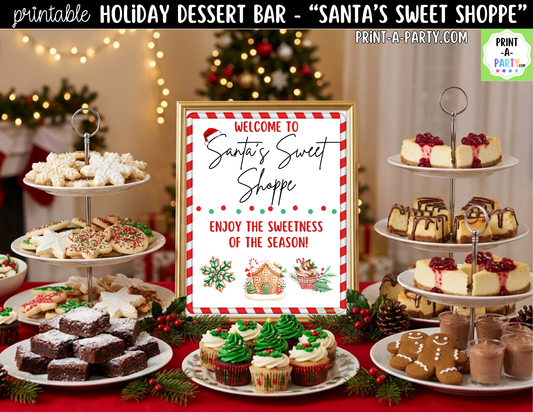 Christmas Dessert Bar Printable Kit | Santa's Sweet Shoppe Sign and Tent Cards