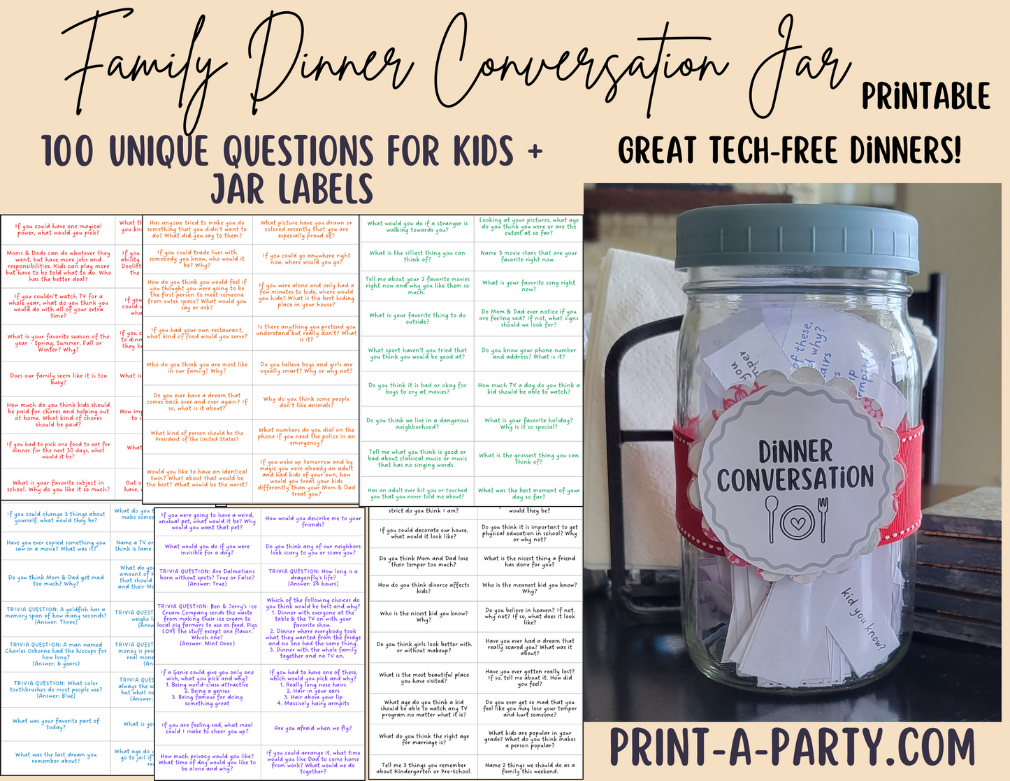 Dinner Conversation Jar - 100 unique, fun, thought-provoking questions for kids | Family Dinner Idea | 100 Questions to ask your kids at Dinner | Instant Download