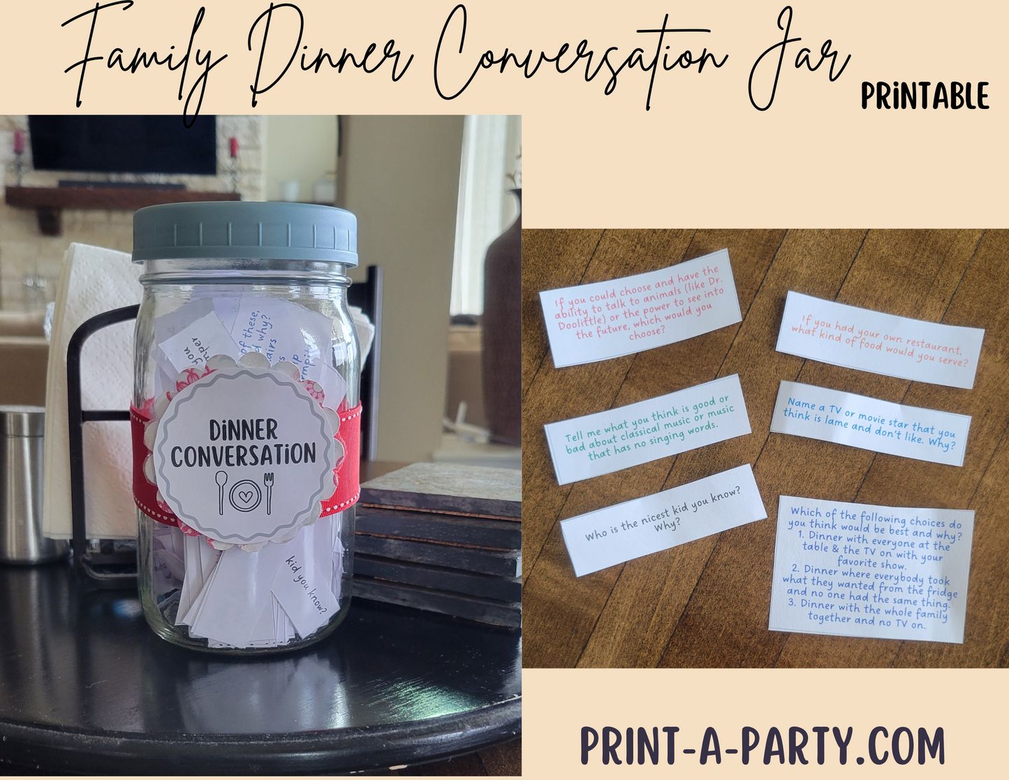 Dinner Conversation Jar - 100 unique, fun, thought-provoking questions for kids | Family Dinner Idea | 100 Questions to ask your kids at Dinner | Instant Download