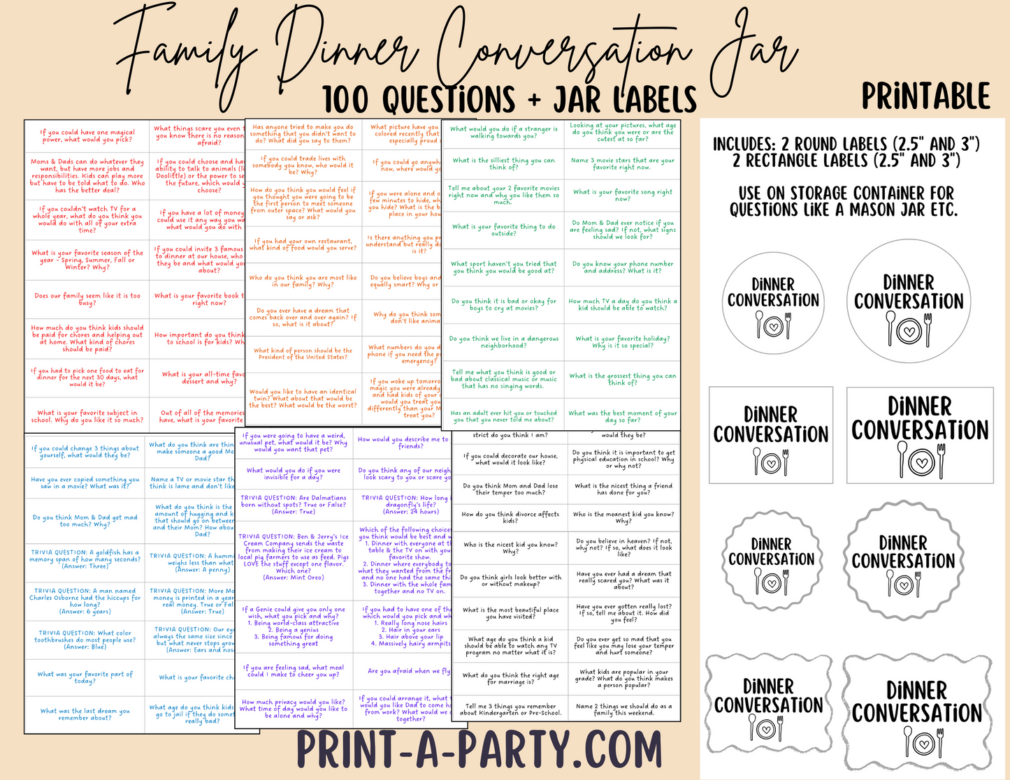 Dinner Conversation Jar - 100 unique, fun, thought-provoking questions for kids | Family Dinner Idea | 100 Questions to ask your kids at Dinner | Instant Download
