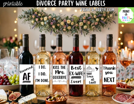 Printable Divorce Party Wine Labels (6-Pack) | Funny Breakup and Just Divorced Wine Bottle Stickers