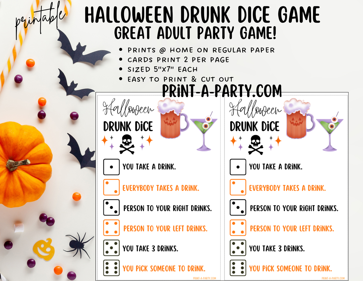 DRUNK DICE GAME: Printable Halloween Drunk Dice Game – Fun Adult Party Activity