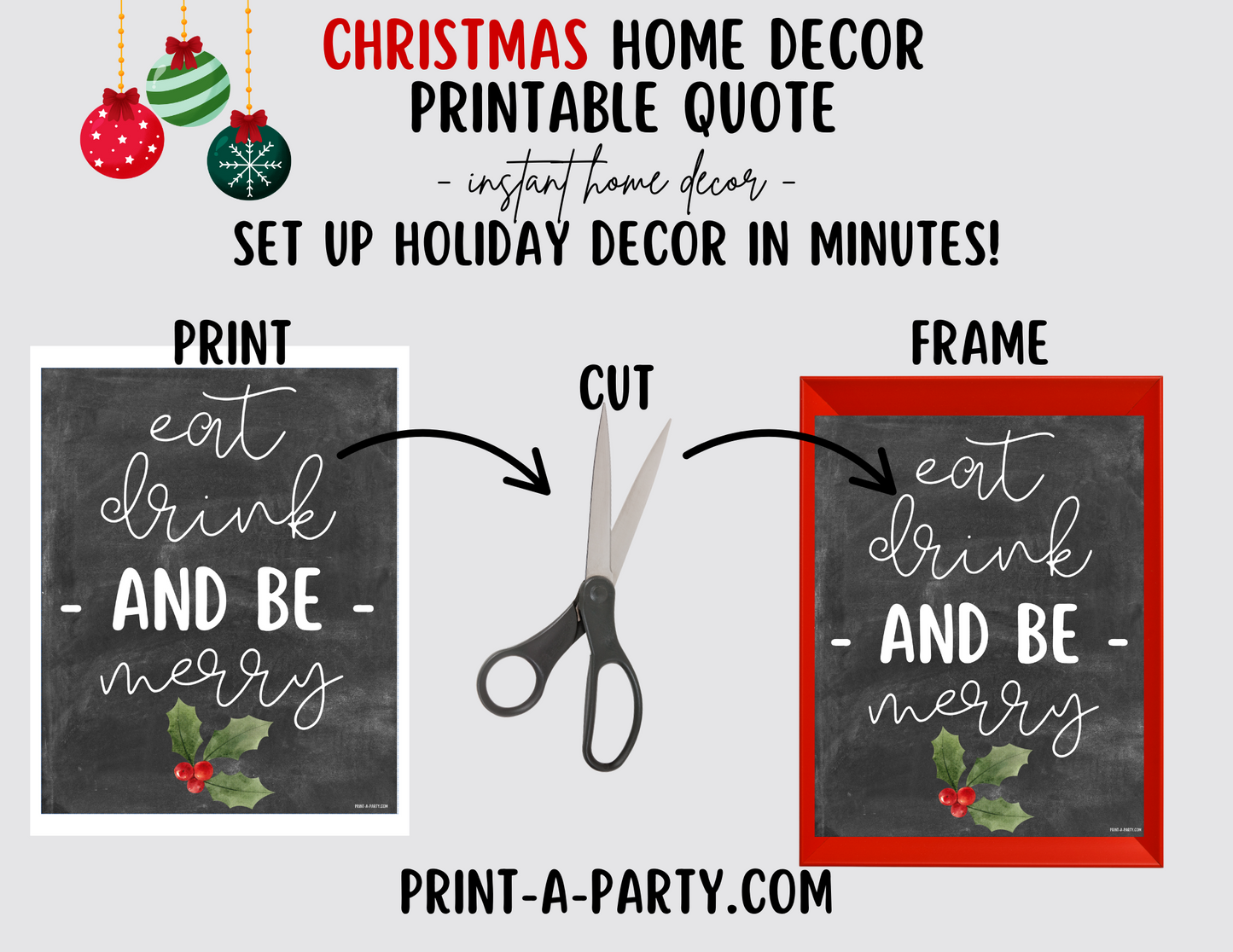 EAT DRINK and BE MERRY Printable Christmas Sign, Instant Holiday Decor 8x10 and 5X7