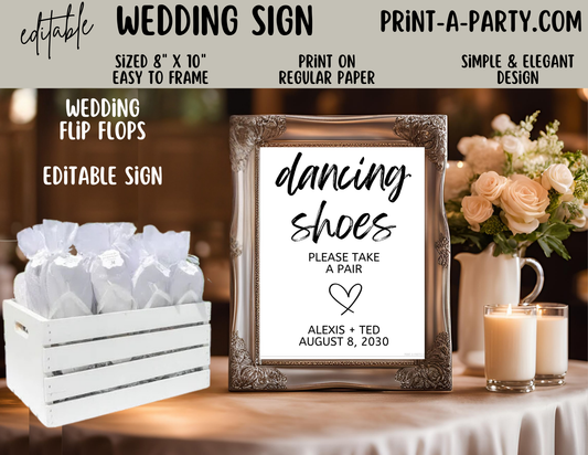 Editable Wedding Sign: DANCING SHOES FLIP FLOPS SIGN-- Dancing Shoes - Please Take A Pair, Canva Template for Weddings, Bachelorette and more