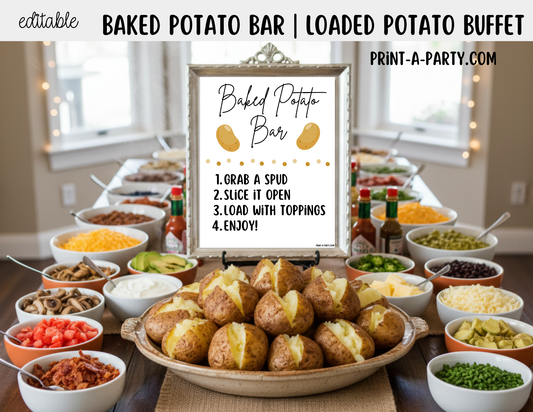 Editable Baked Potato Bar Sign (8x10) + Topping Tent Cards - Printable Food Station for Parties, Showers, Events, Holidays
