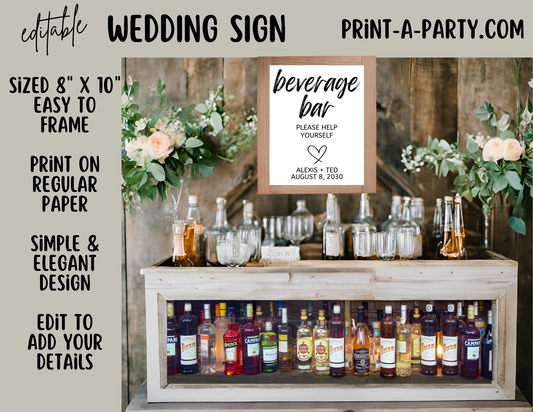 Editable Wedding Sign: BEVERAGE BAR SIGN - Beverage Bar, Please Help Yourself - Canva template for weddings, showers, engagement parties or bachelorette