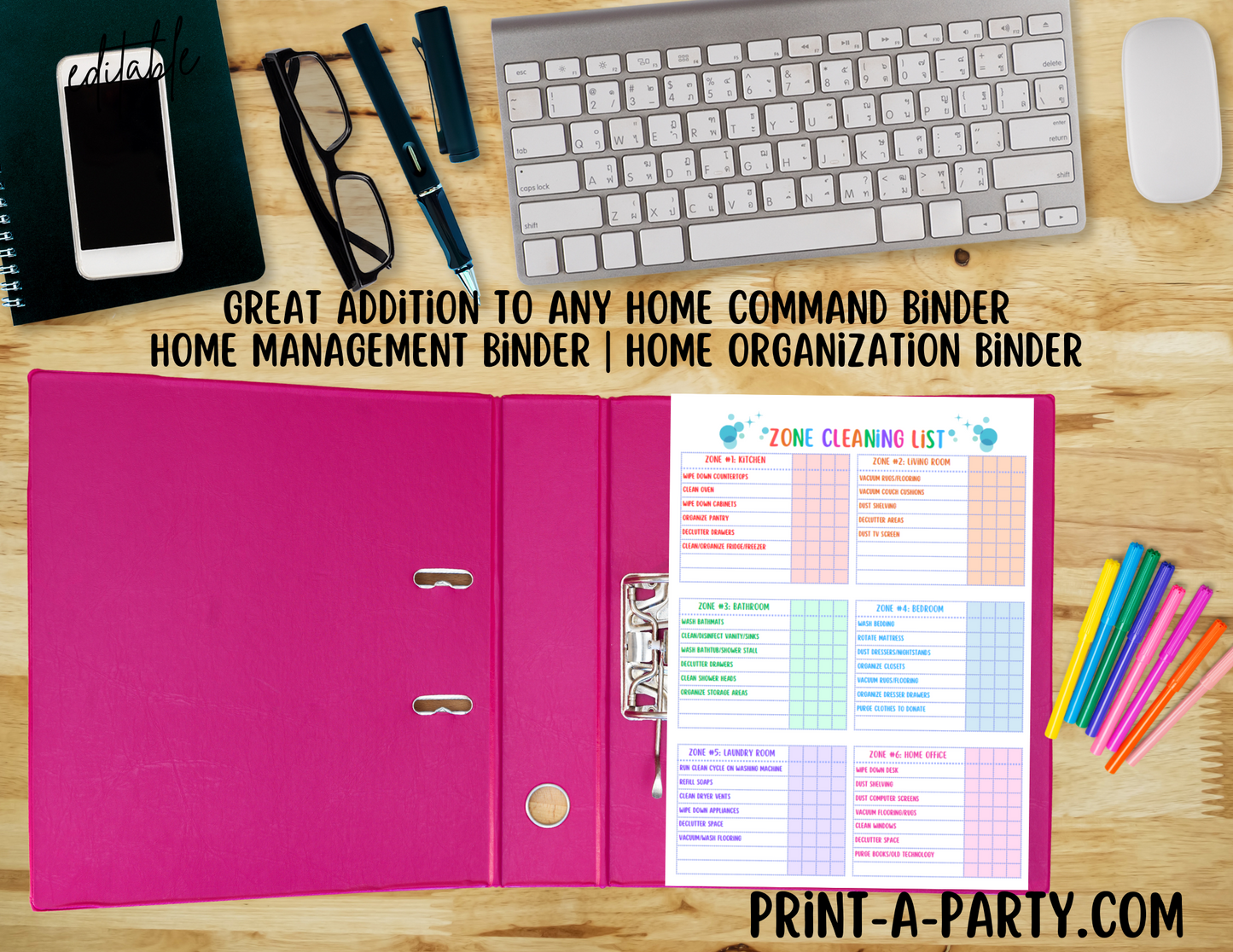 CLEANING: Editable Zone Cleaning Checklist Template | Home Management Binder | Home Organization