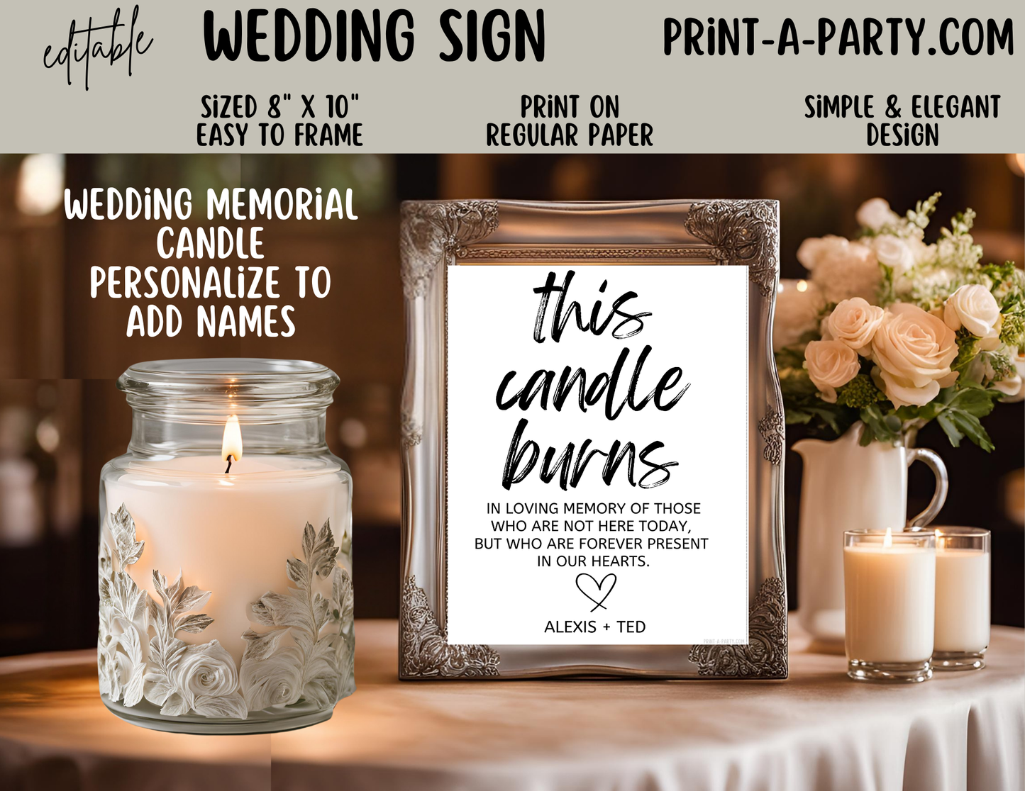 Editable Wedding Sign: MEMORIAL Sign – Editable and Printable Canva Template: This Candle Burns In Memory