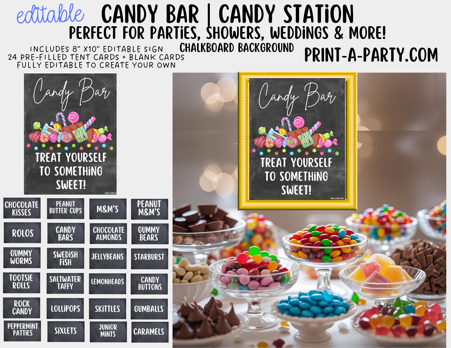 Editable CANDY BAR Sign and Candy Labels Printable in Chalkboard – Sweet Table Decor for Birthdays, Weddings, Showers & More