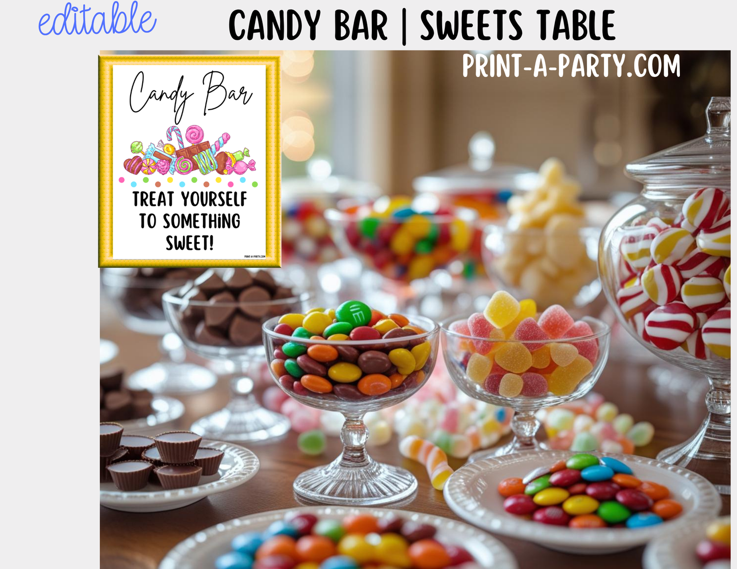 Editable CANDY BAR Sign and Candy Labels Printable in White – Sweet Table Decor for Birthdays, Weddings, Showers & More
