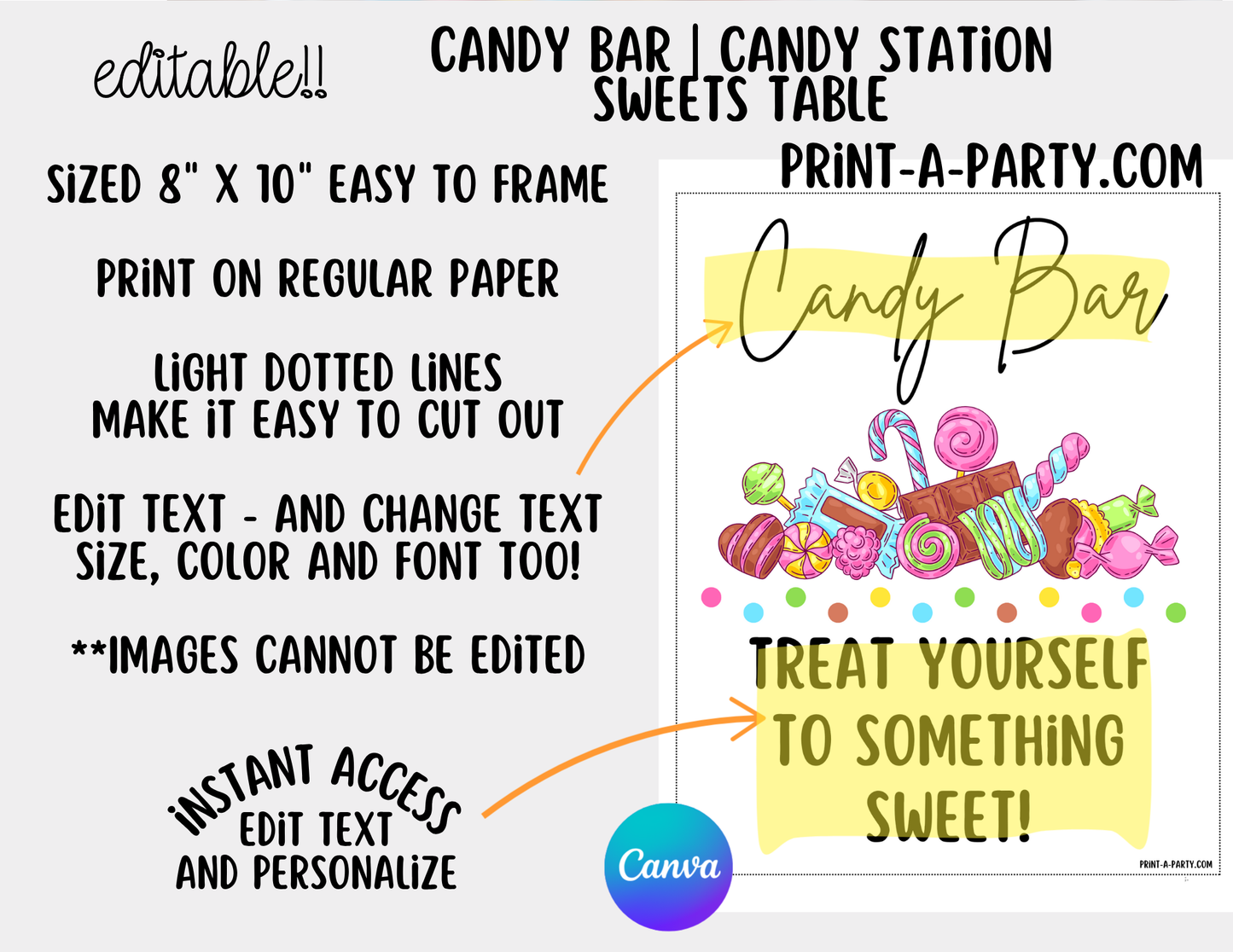 Editable CANDY BAR Sign and Candy Labels Printable in White – Sweet Table Decor for Birthdays, Weddings, Showers & More