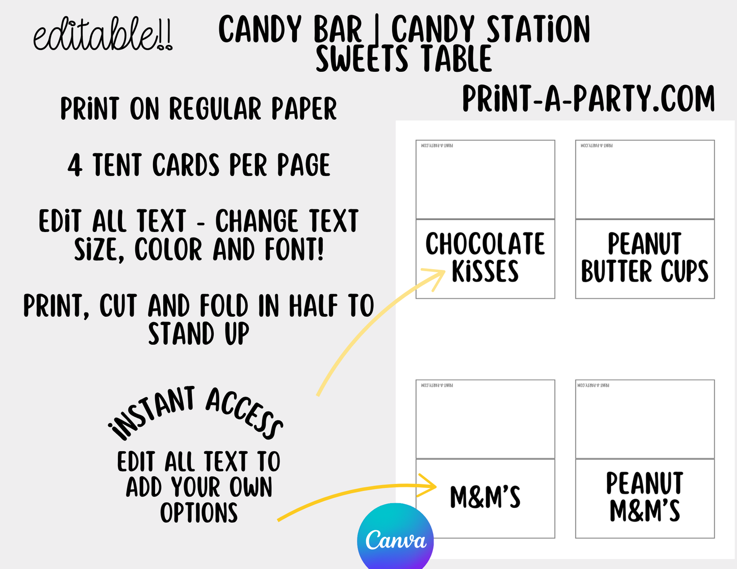 Editable CANDY BAR Sign and Candy Labels Printable in White – Sweet Table Decor for Birthdays, Weddings, Showers & More