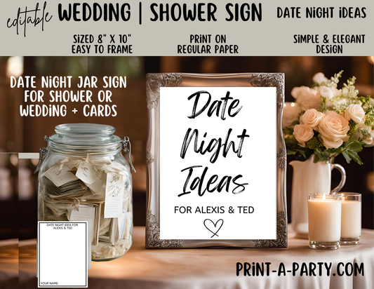 Editable Wedding Sign: DATE NIGHT Sign - Date Night Ideas for the Couple - Canva template for Bridal Showers, Weddings, Engagement parties and more