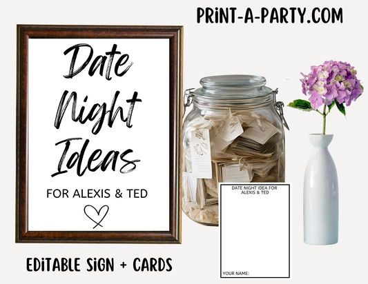 Editable Wedding Sign: DATE NIGHT Sign - Date Night Ideas for the Couple - Canva template for Bridal Showers, Weddings, Engagement parties and more