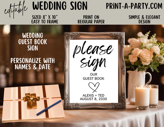 Editable Wedding Sign: GUEST BOOK Sign – Editable and Printable Canva Template: Please Sign Our Guestbook