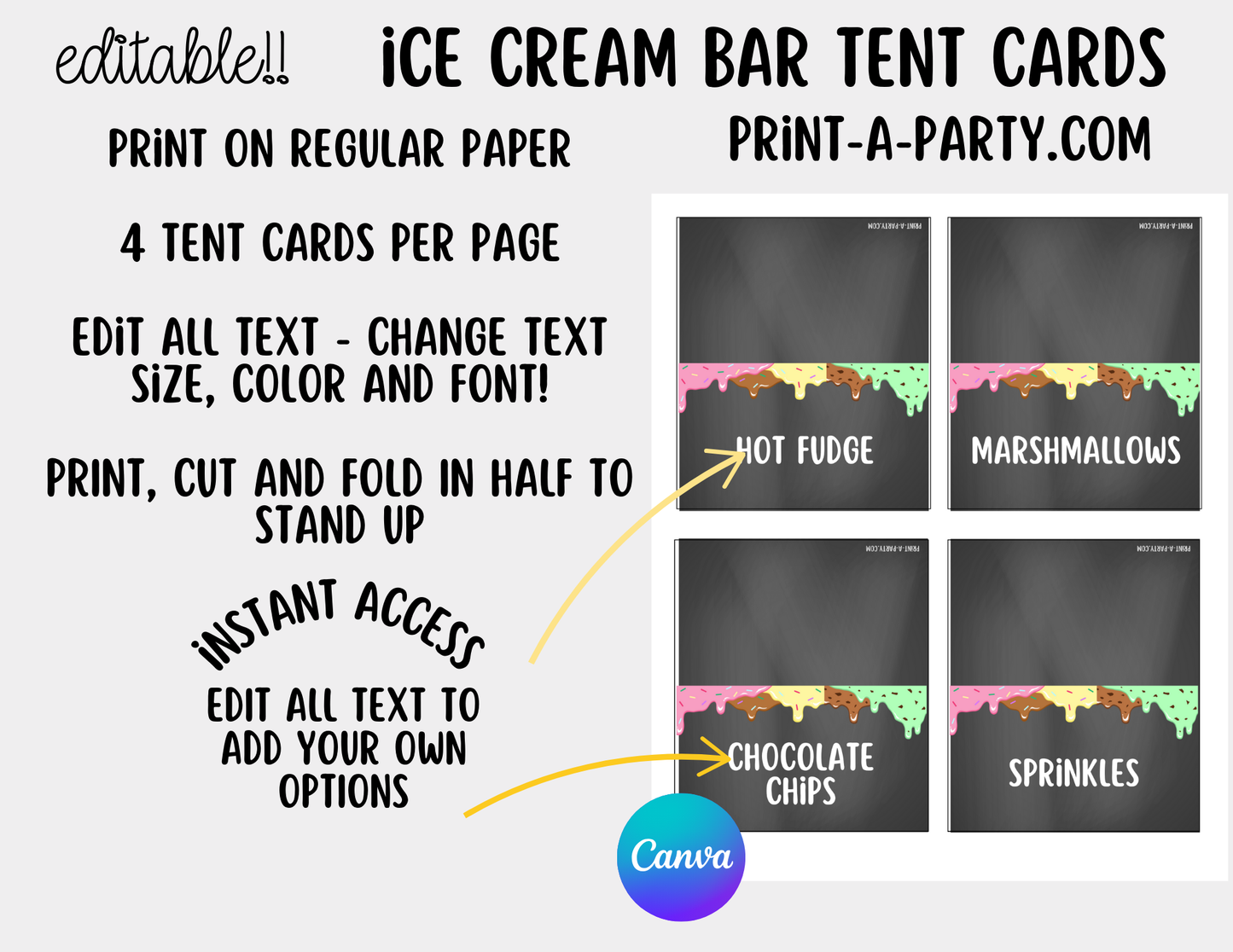 EDITABLE ICE CREAM BAR | ICE CREAM SUNDAE STATION - Chalkboard | Ice Cream Bar Sign | Food Station for Party | Party Food Bar | Party | Classroom | DIY Ice Cream Sundae Bar