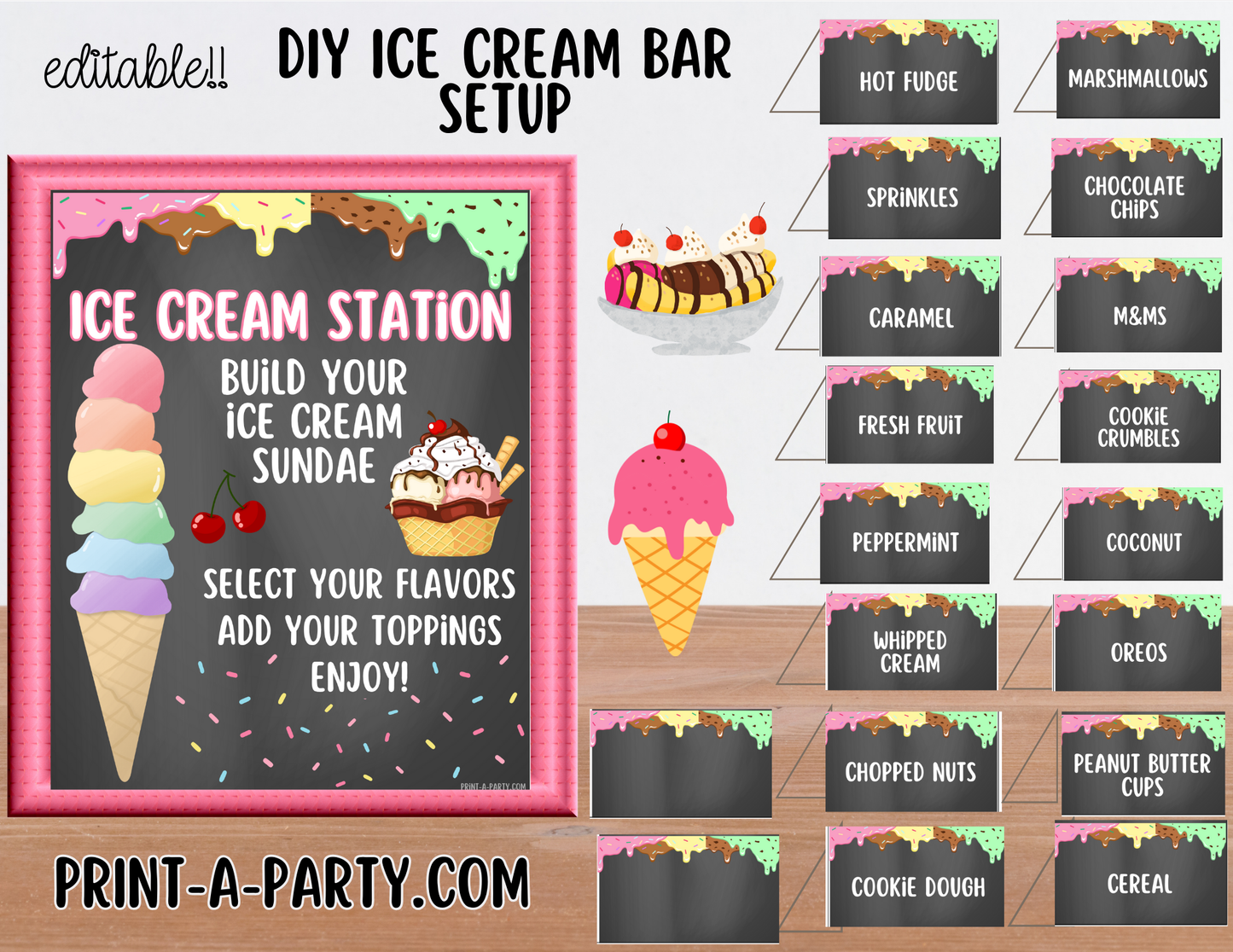 EDITABLE ICE CREAM BAR | ICE CREAM SUNDAE STATION - Chalkboard | Ice Cream Bar Sign | Food Station for Party | Party Food Bar | Party | Classroom | DIY Ice Cream Sundae Bar