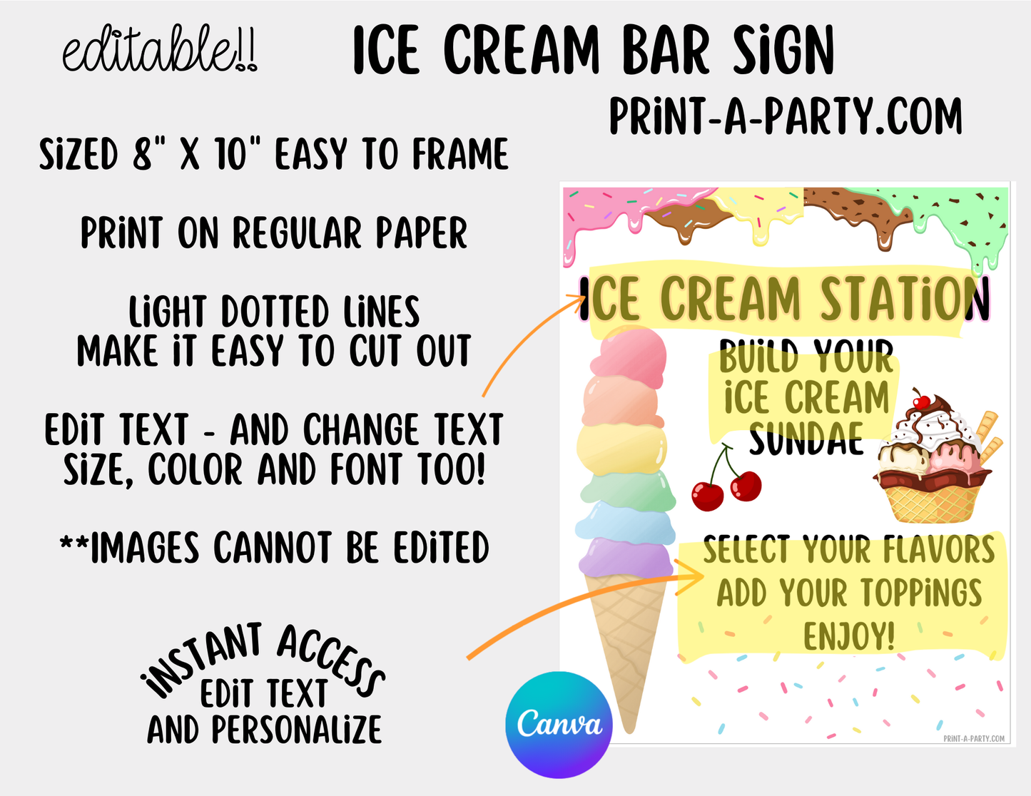 EDITABLE ICE CREAM BAR | ICE CREAM SUNDAE STATION - White | Ice Cream Bar Sign | Food Station for Party | Party Food Bar | Party | Classroom | DIY Ice Cream Sundae Bar