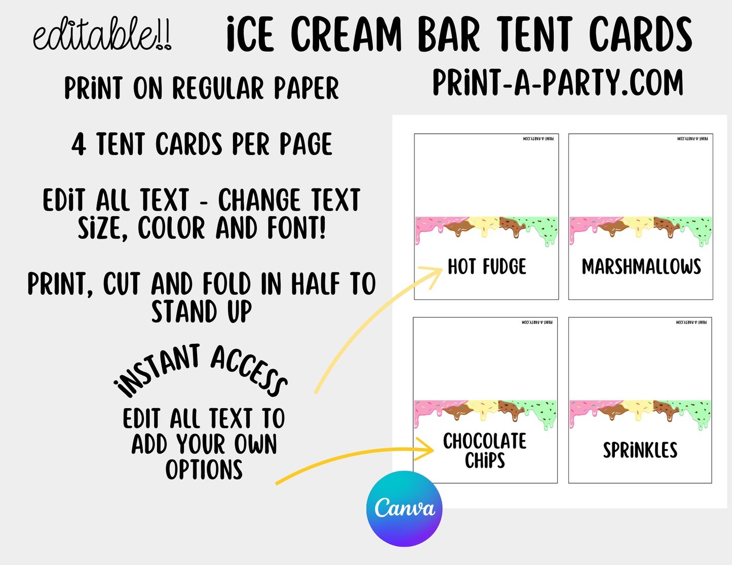 EDITABLE ICE CREAM BAR | ICE CREAM SUNDAE STATION - White | Ice Cream Bar Sign | Food Station for Party | Party Food Bar | Party | Classroom | DIY Ice Cream Sundae Bar